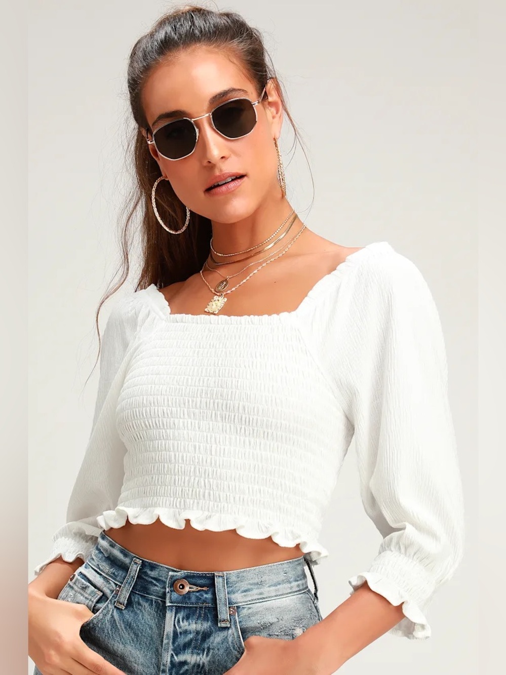 Free People Brencye Ivory Smocked Crop Top Size Small
